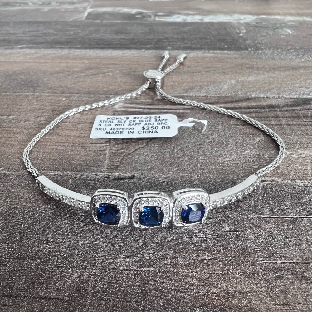 Sterling silver blue and white sapphire adjustable bracelet